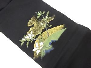 塩瀬金彩手描き枝葉に花・雲模様名古屋帯